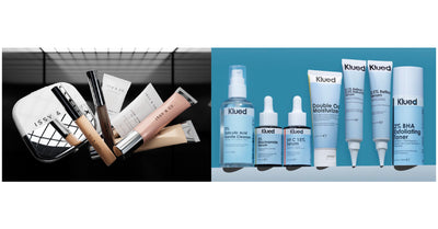 Cosmetic products including brushes and a mask on one side, and skincare bottles on the other, with Klued branding.