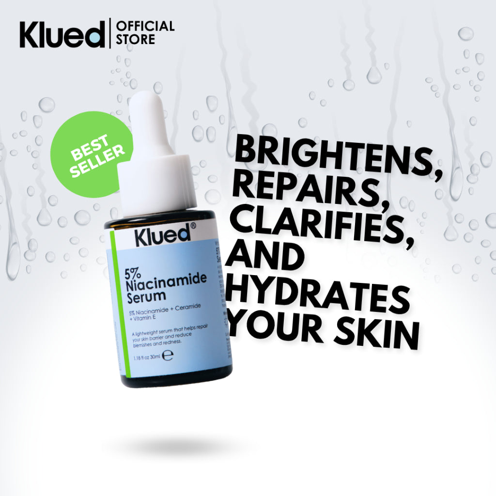 Klued 5% Niacinamide Serum bottle with text highlighting skin benefits on a white background