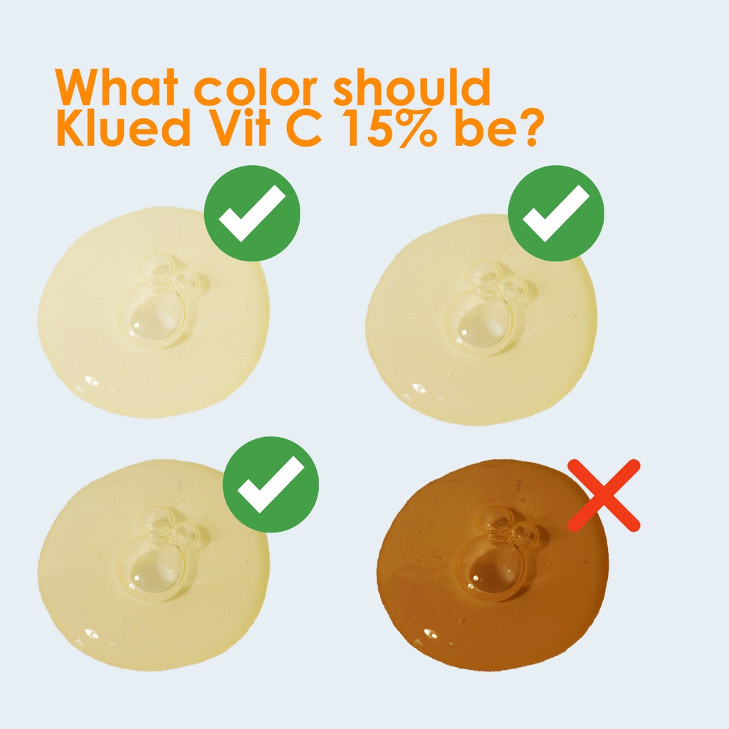 Color comparison chart for Klued Vit C 15% with correct color highlighted.