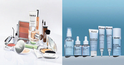 Makeup products on one side and skincare products on the other, with Klued branding.