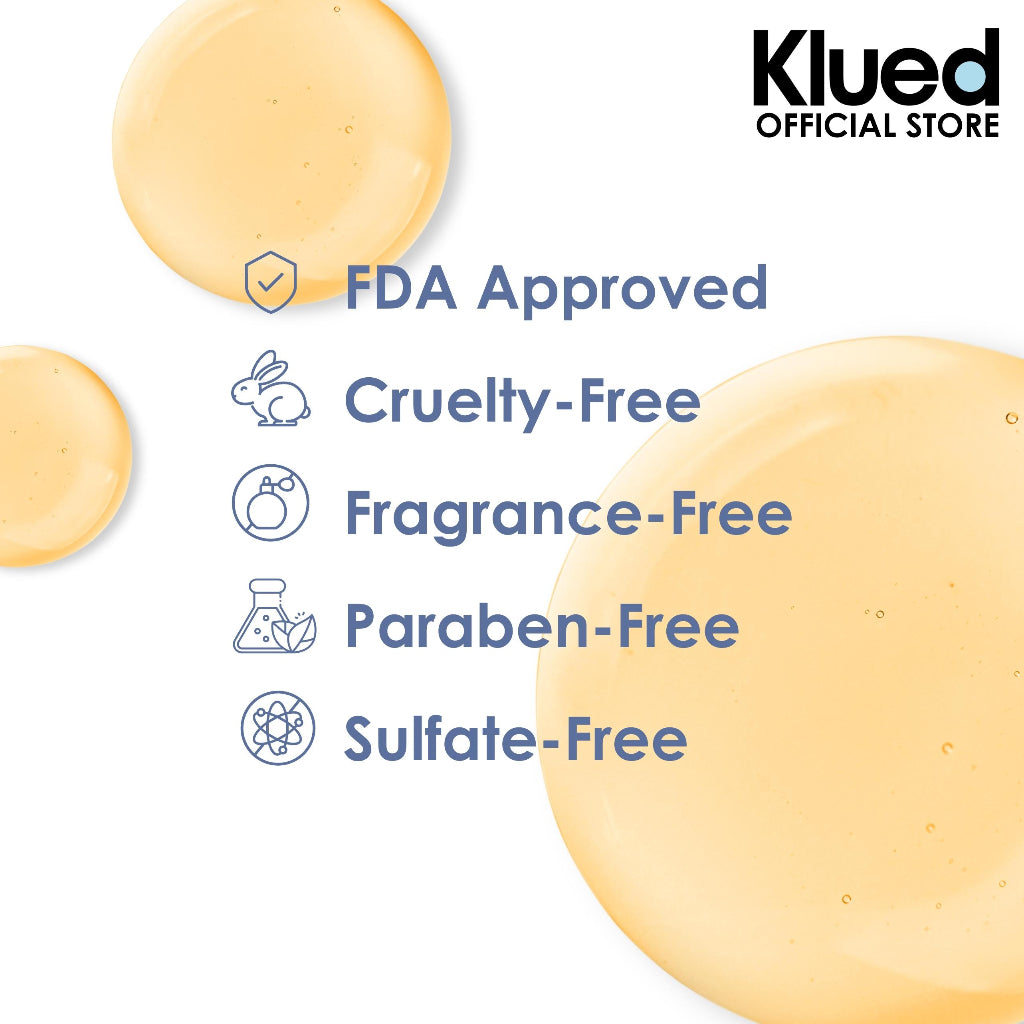 'Klued' branding and certification icons for FDA approval, cruelty-free, fragrance-free, paraben-free, and sulfate-free on a white background.
