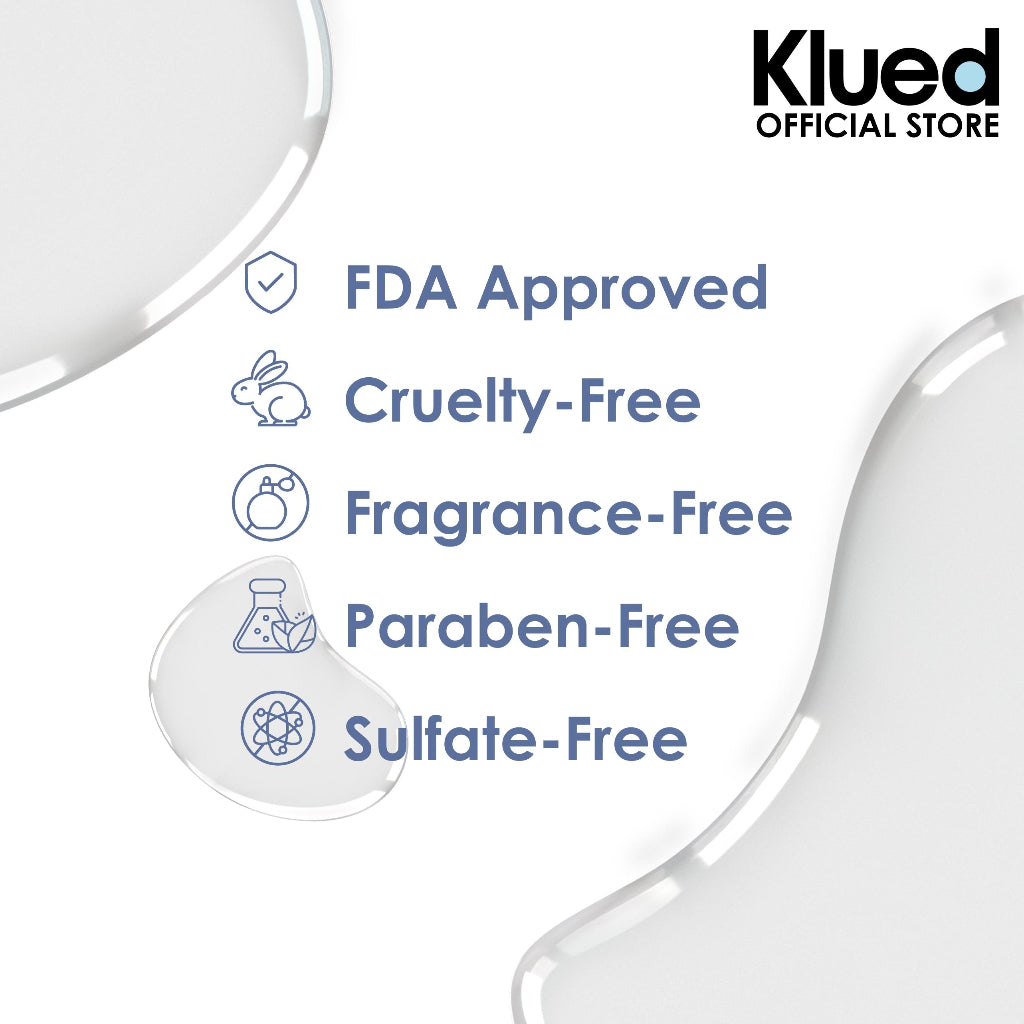 Klued product with FDA Approved, Cruelty-Free, Fragrance-Free, Paraben-Free, and Sulfate-Free labels on a white background.
