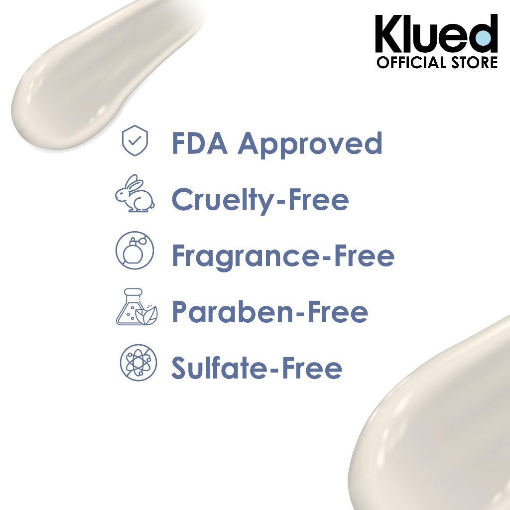Klued product with FDA Approved, Cruelty-Free, Fragrance-Free, Paraben-Free, and Sulfate-Free labels on a white background.