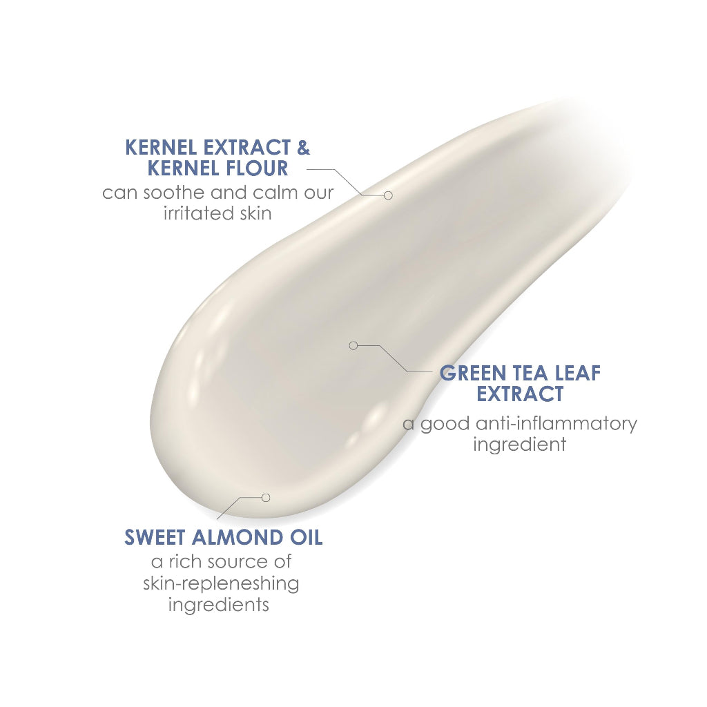Product smear with text highlighting kernel extract, kernel flour, green tea leaf extract, and sweet almond oil.