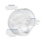 Skincare product with ceramide, vitamin E, and niacinamide text on a white background