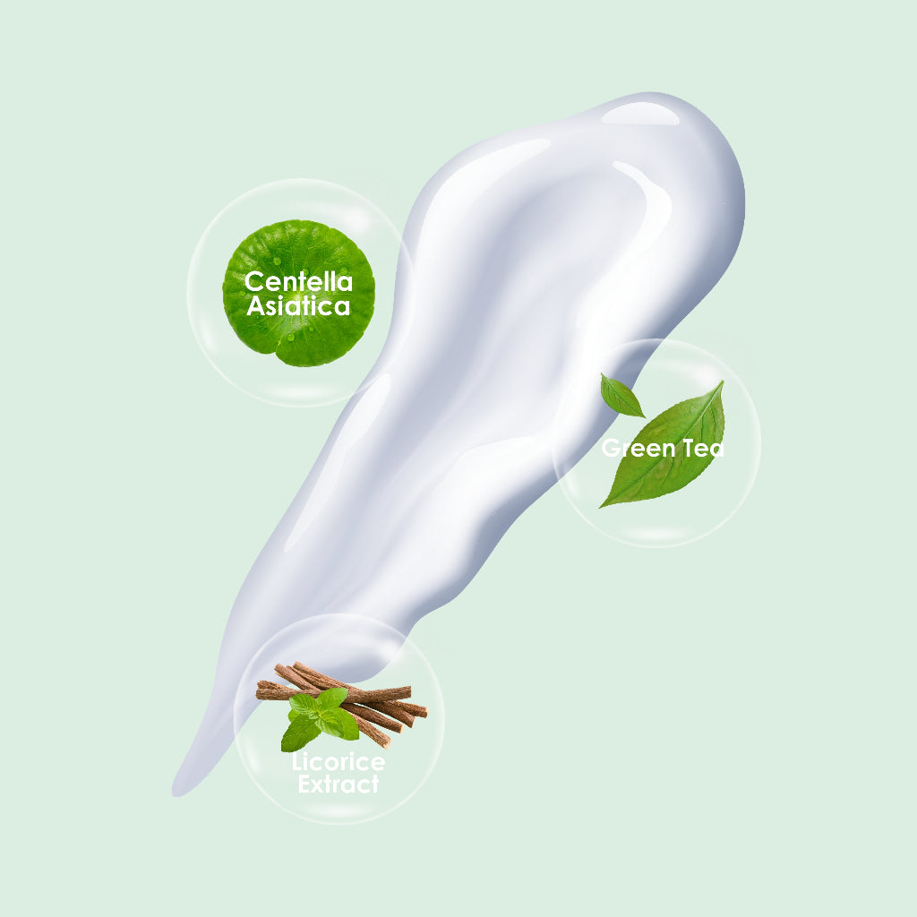 Product with Centella Asiatica, Green Tea, and Aloe Vera labels on a light green background