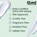 Product features with icons and text on a light green background, including Klued branding.