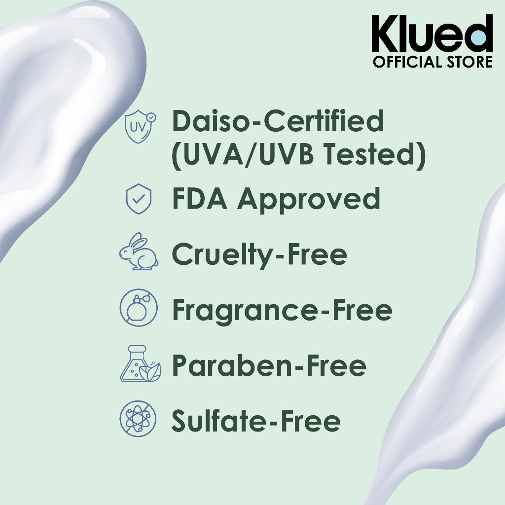 Product features with icons and text on a light green background, including Klued branding.