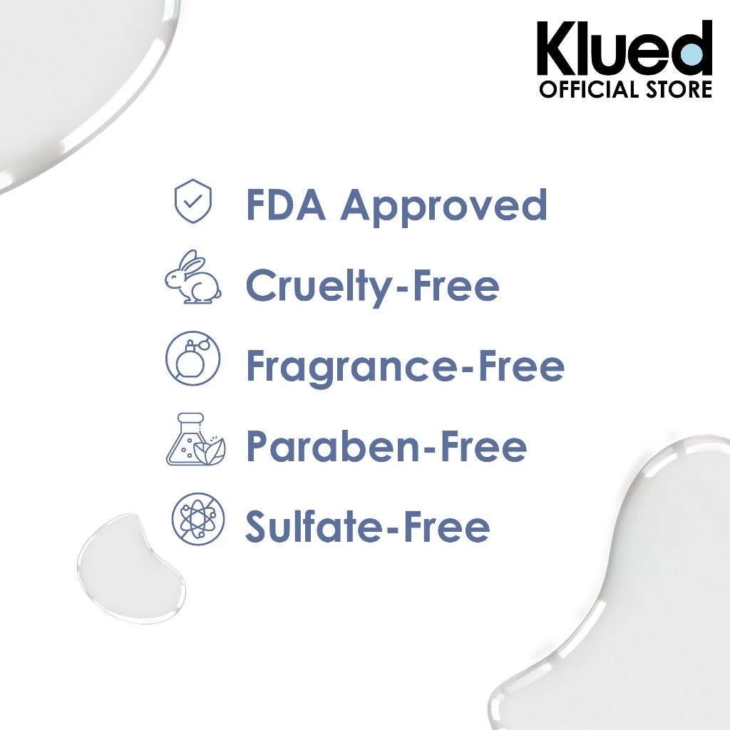 Klued product with FDA Approved, Cruelty-Free, Fragrance-Free, Paraben-Free, and Sulfate-Free labels on a white background.