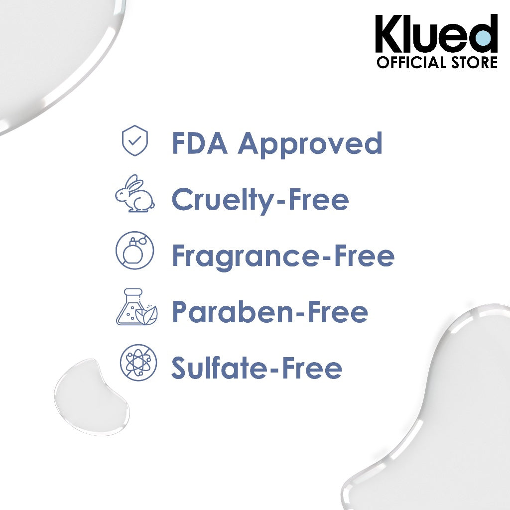 Klued product with FDA Approved, Cruelty-Free, Fragrance-Free, Paraben-Free, and Sulfate-Free labels on a white background.