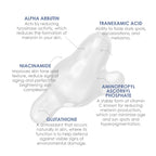 Skincare product with text detailing alpha arbutin, tranexamic acid, niacinamide, aminopropyl ascorbyl phosphate, and glutathione benefits.