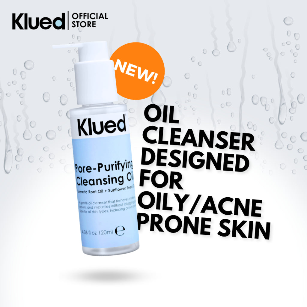 Klued oil cleanser bottle with text on a white background