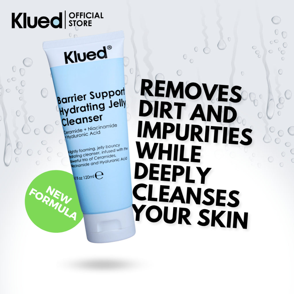 Klued Barrier Support Hydrating Jelly Cleanser with text about its benefits on a white background.