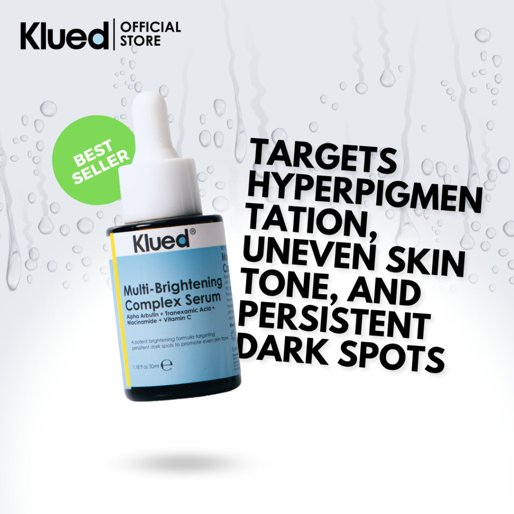 Klued serum bottle with text about targeting hyperpigmentation on a white background