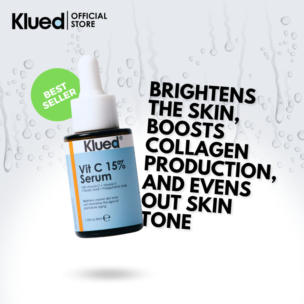 Klued Vit C 15% Serum bottle with text highlighting benefits on a white background