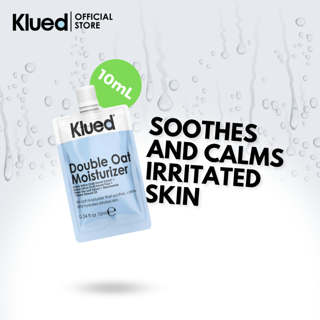 Klued Double Oat Moisturizer packaging with text 'Soothes and calms irritated skin' on a white background.