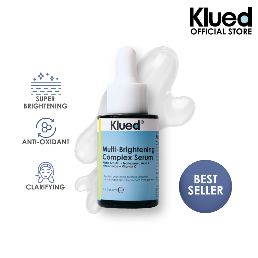 Klued Multi-Brightening Complex Serum bottle with icons and text on a white background