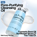 Klued pore-purifying cleansing oil bottle with text on a light blue background