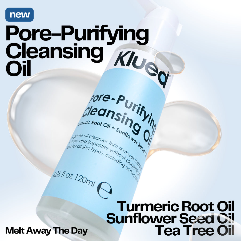 Klued pore-purifying cleansing oil bottle with text on a light blue background