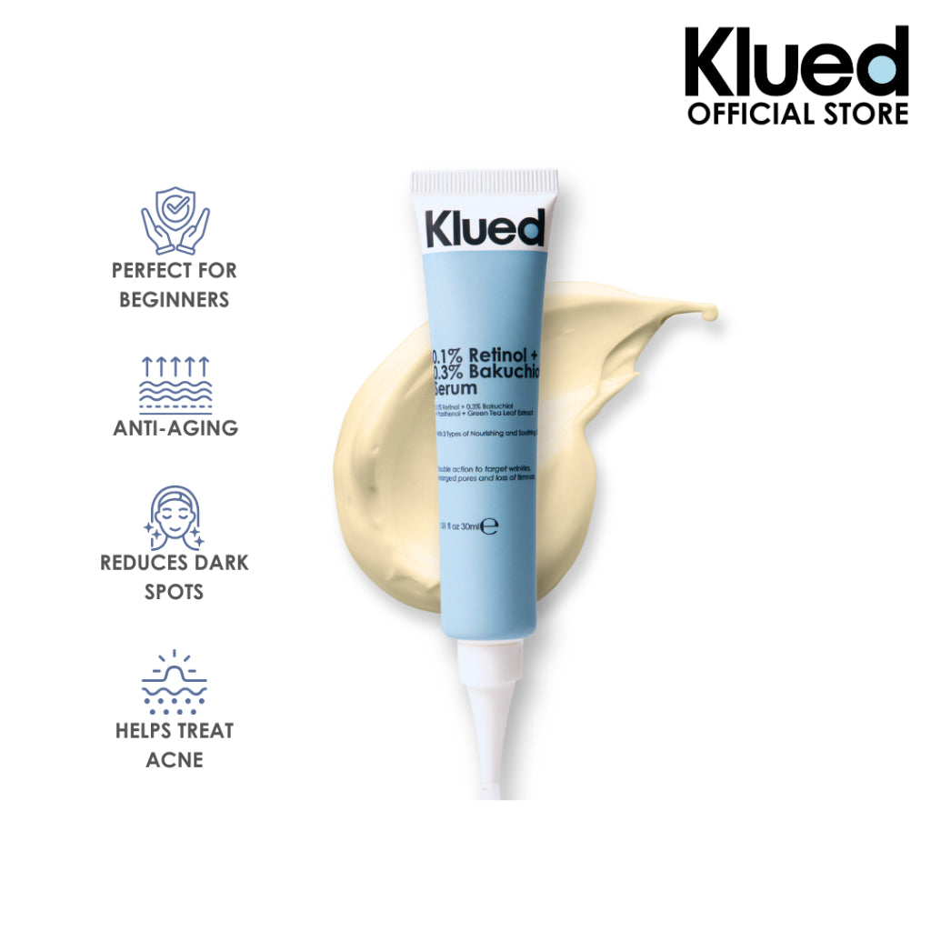 Klued skincare serum tube with benefits listed on a white background