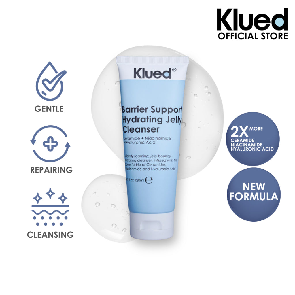 Klued Barrier Support Hydrating Jelly Cleanser with product features on a white background