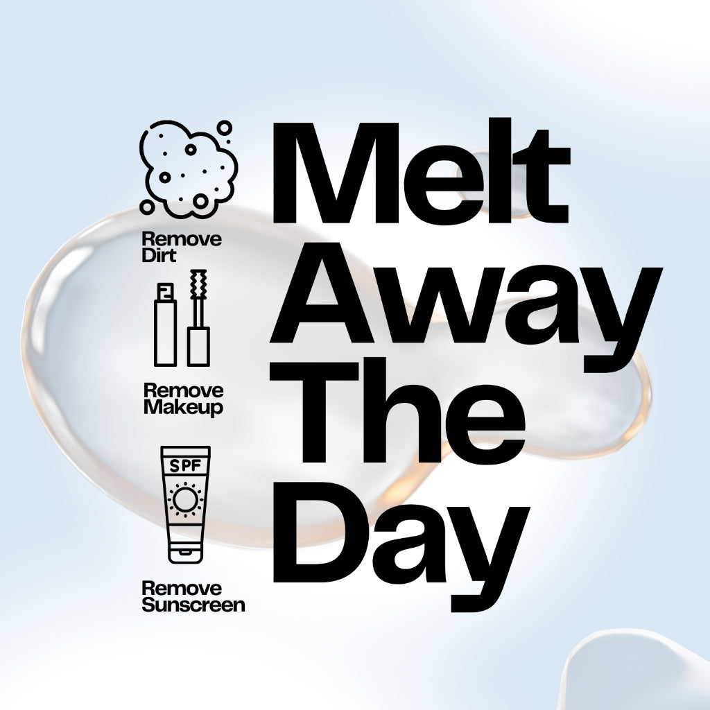 Cosmetic product with icons and text 'Melt Away The Day' on a light blue background