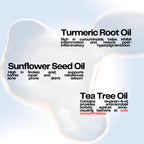 Three oil containers with text describing Turmeric Root Oil, Sunflower Seed Oil, and Tea Tree Oil on a light blue background.