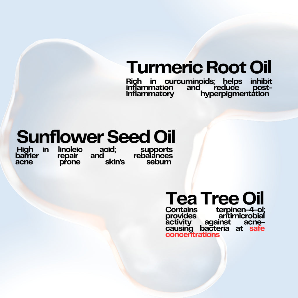Three oil containers with text describing Turmeric Root Oil, Sunflower Seed Oil, and Tea Tree Oil on a light blue background.