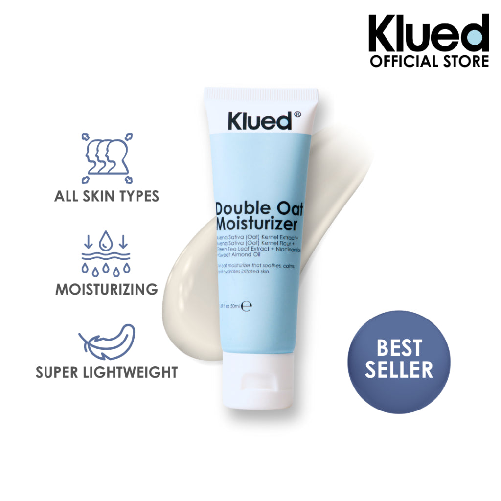 Klued Double Oat Moisturizer tube with product features and Klued branding on a white background
